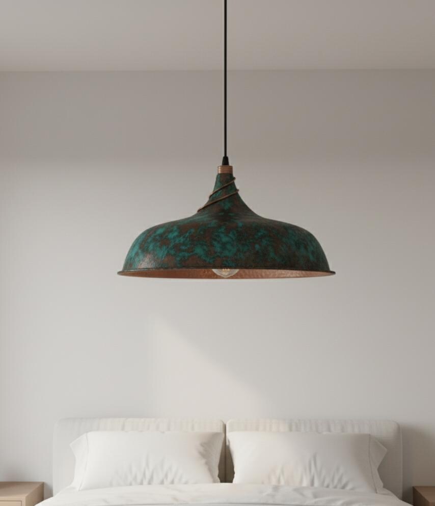 Hammered bleu Dome Pendant, Polished Copper Light, Industrial Farmhouse Lamp