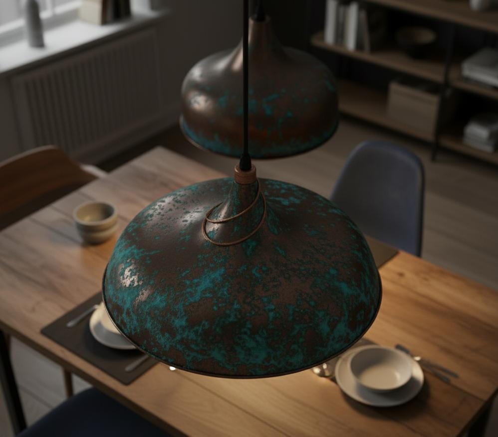 Hammered bleu Dome Pendant, Polished Copper Light, Industrial Farmhouse Lamp