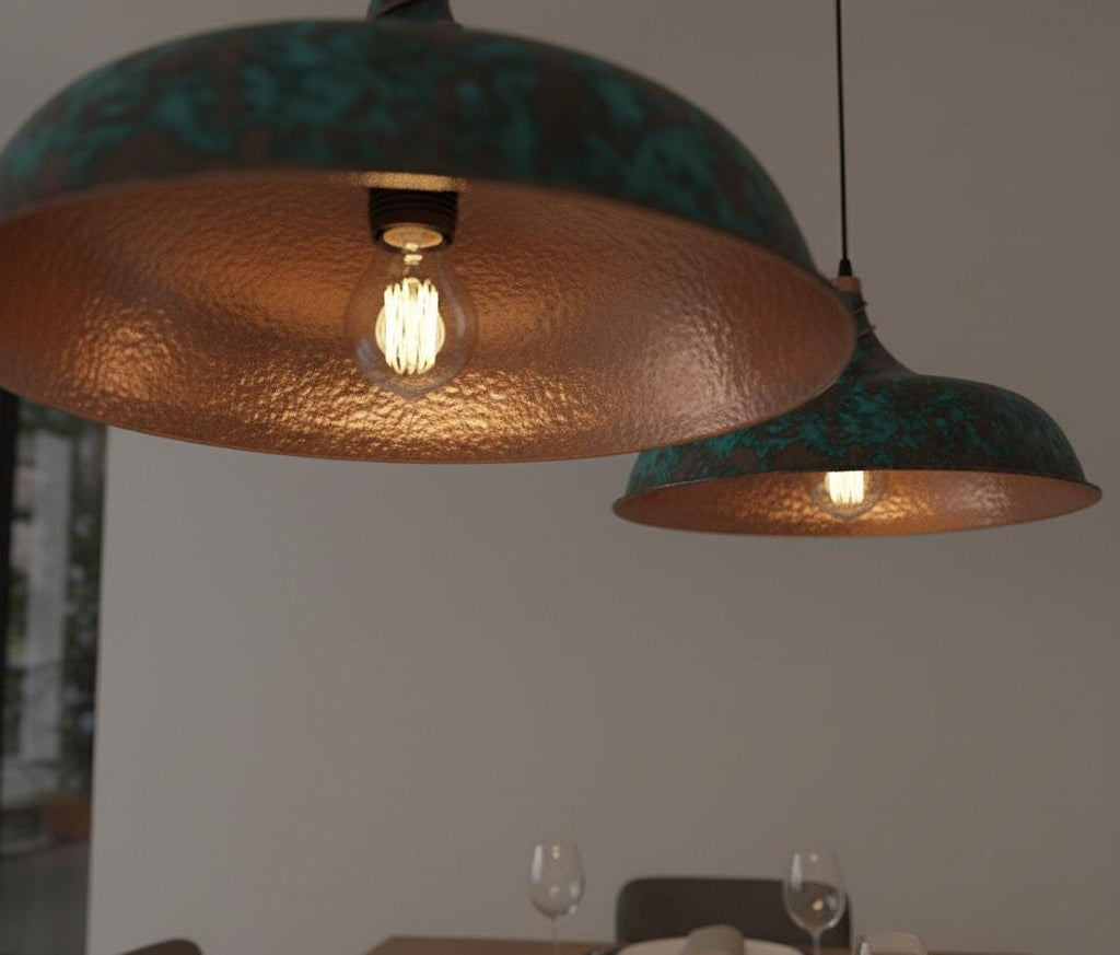 Hammered bleu Dome Pendant, Polished Copper Light, Industrial Farmhouse Lamp