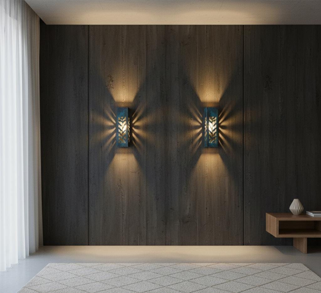 2 Handmade Oxidized Copper Wall Sconce Set, Bleu Patina Exterior Light