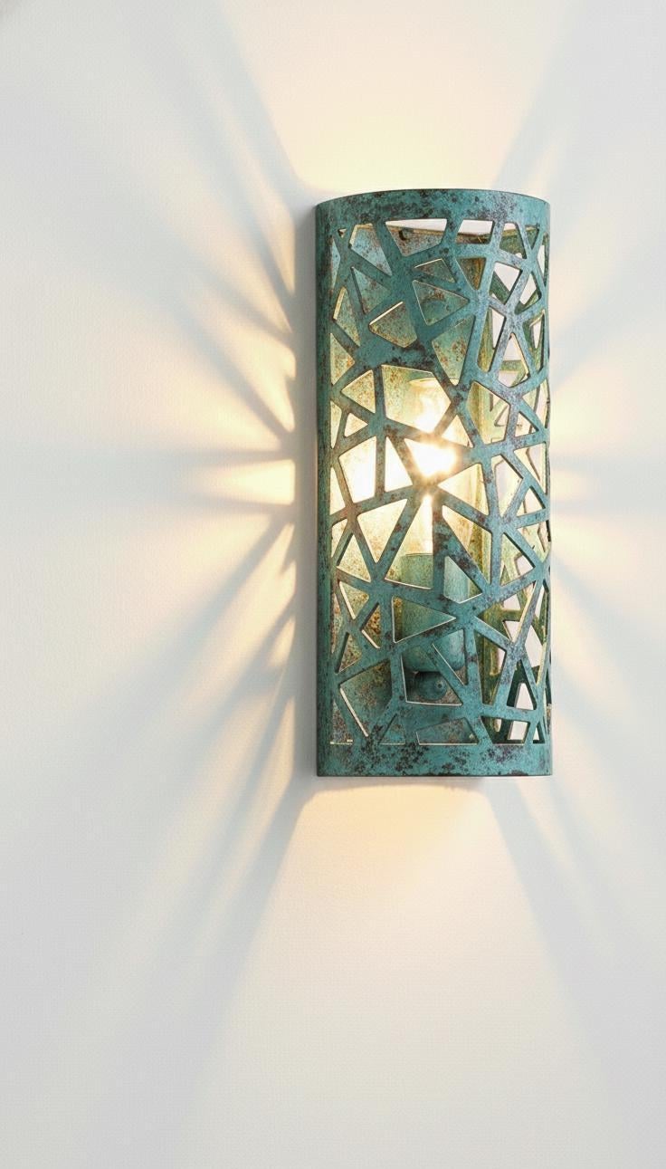 Oxidized Outdoor Copper Wall Sconce, Handmade green Patina Wall Light for Exterior Décor
