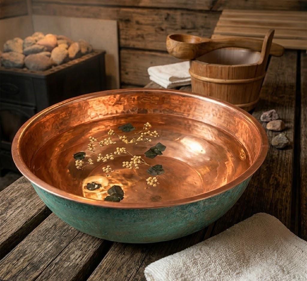 Verdigris Copper Pedicure Bath Bowl | Foot Soak Relaxation Tub, Solid Copper Basin