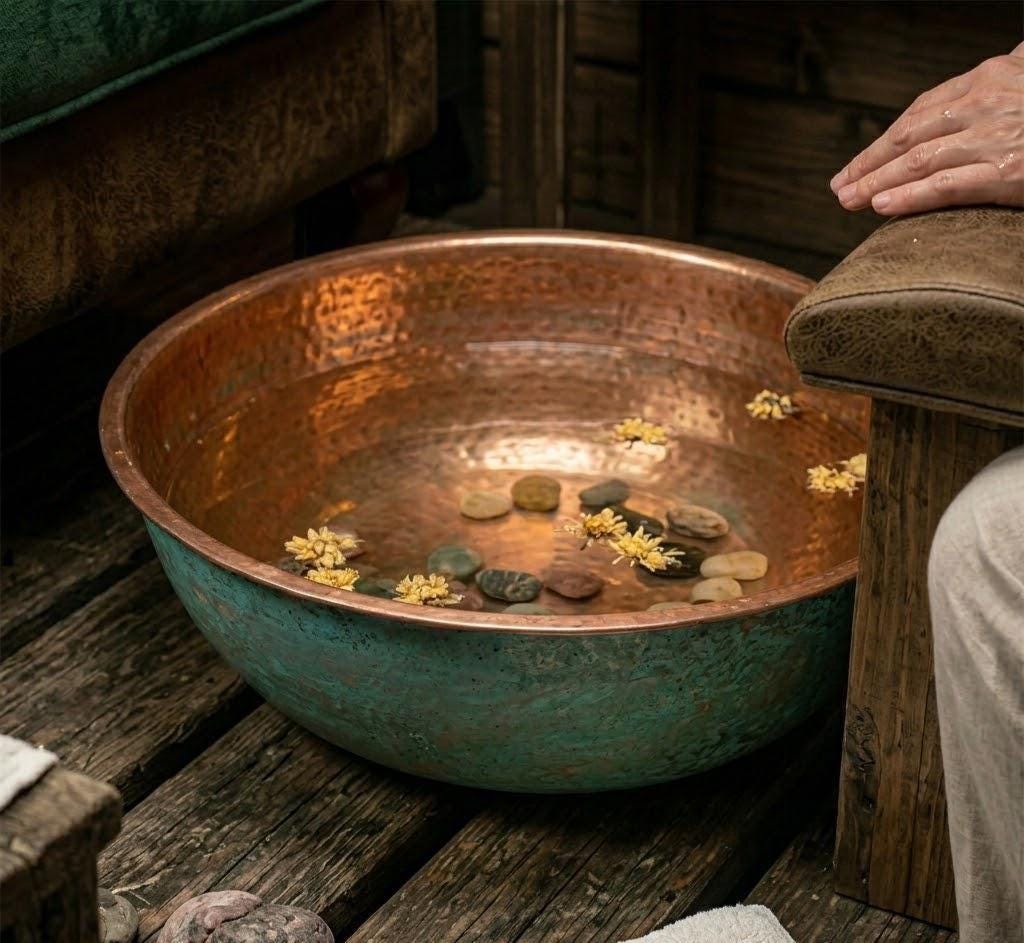Verdigris Copper Pedicure Bath Bowl | Foot Soak Relaxation Tub, Solid Copper Basin