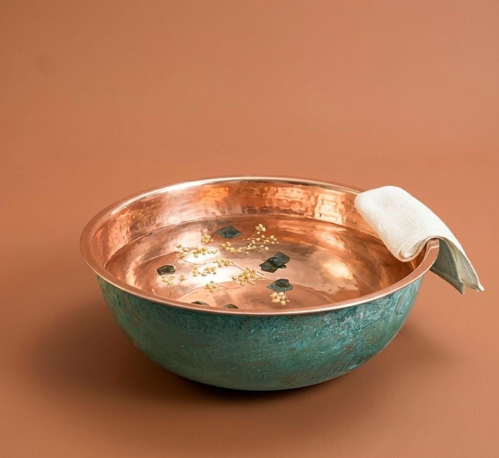 Verdigris Copper Pedicure Bath Bowl | Foot Soak Relaxation Tub, Solid Copper Basin
